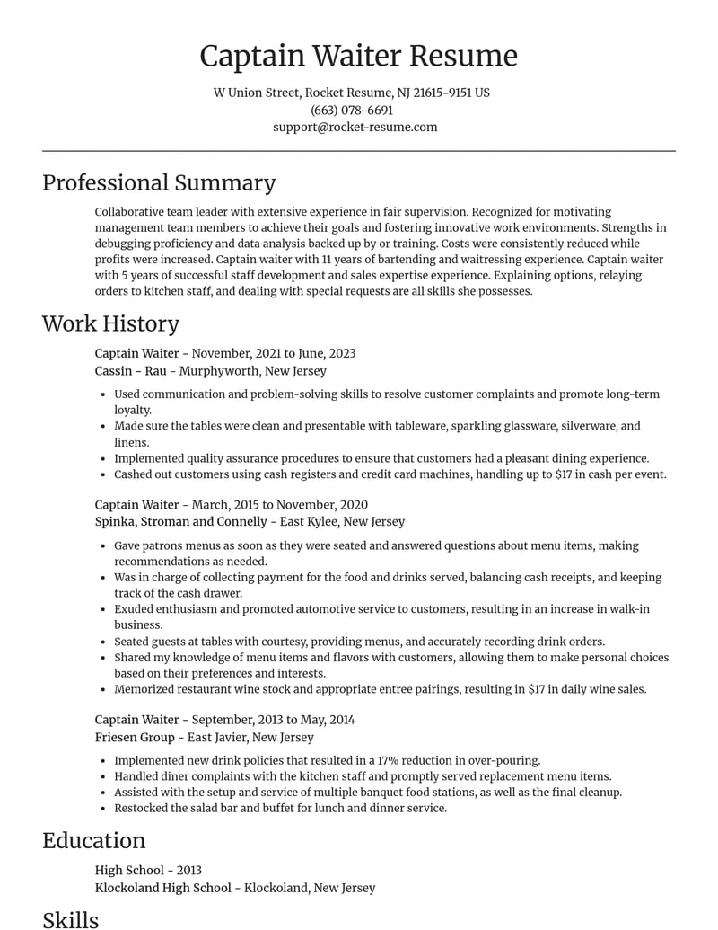 captain waiter travel and hospitality resume focal point template 0 foc