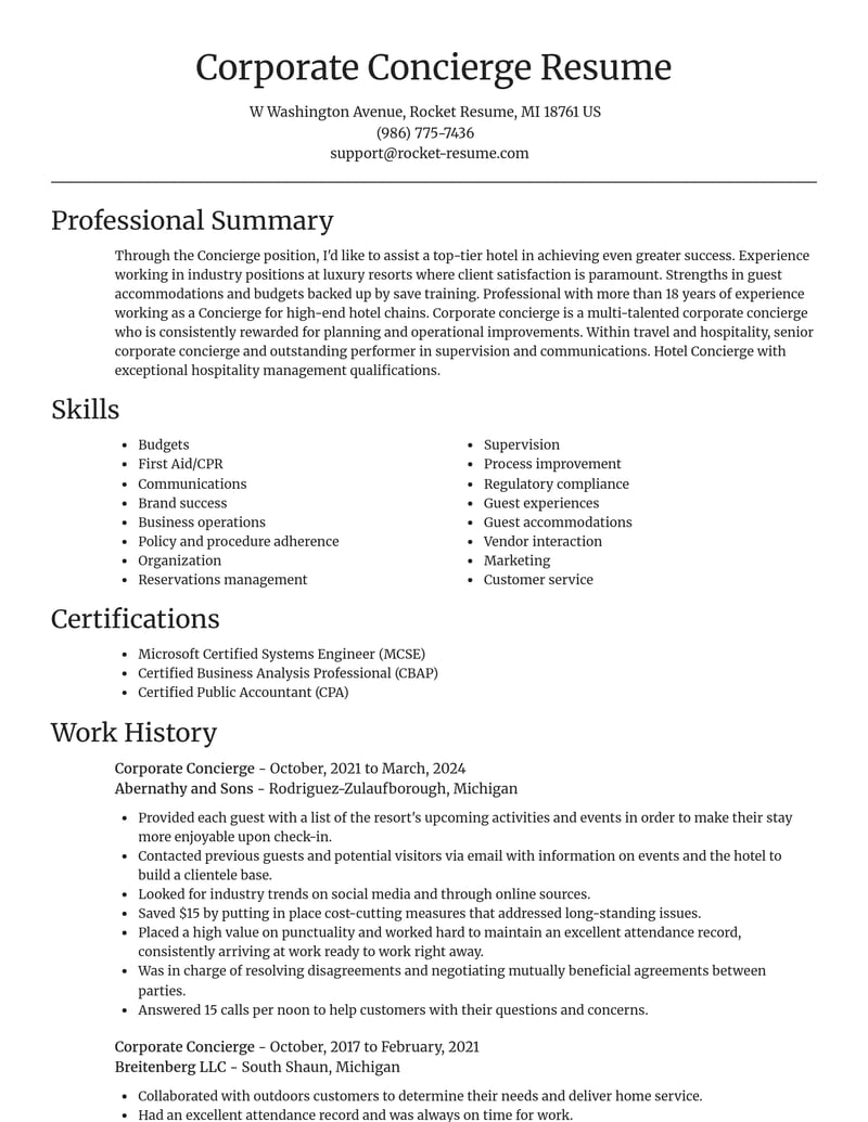 corporate concierge travel and hospitality resume focal point template 0 foc