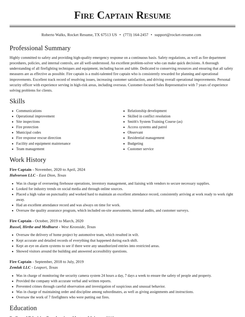 fire captain travel and hospitality resume classic template 2 cla