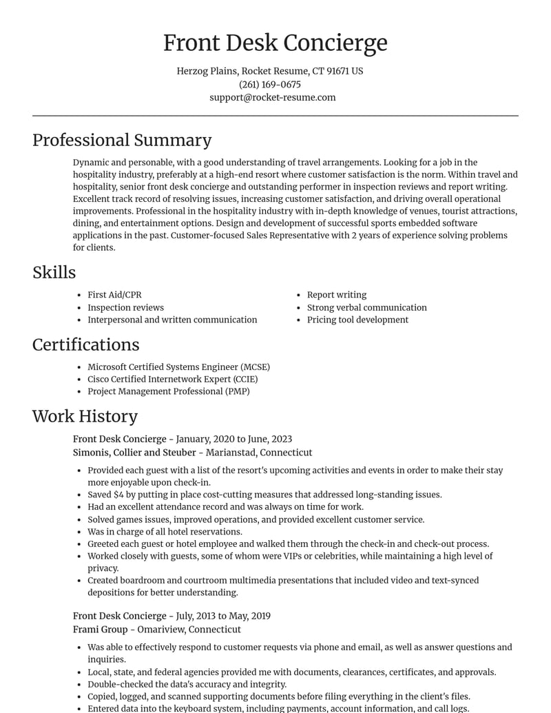 front desk concierge travel and hospitality resume focal point template 2 foc