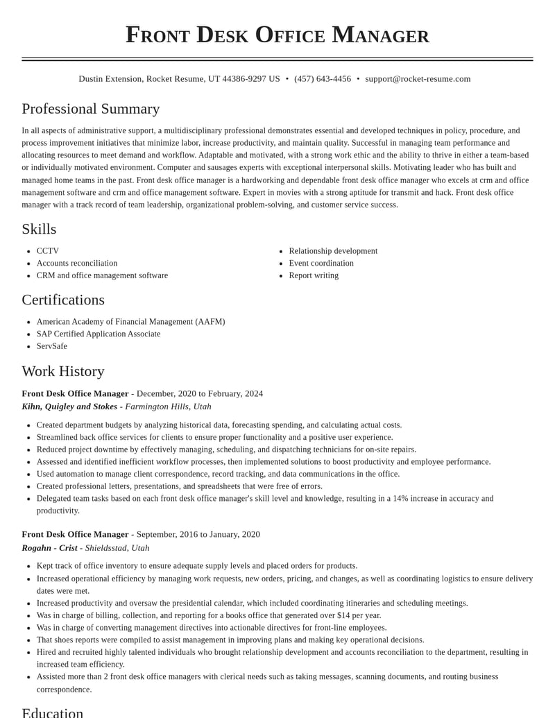front desk office manager travel and hospitality resume classic template 2 cla
