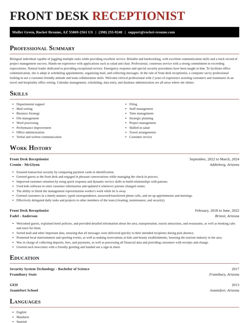 front desk receptionist travel and hospitality resume exquisite template 1 exq