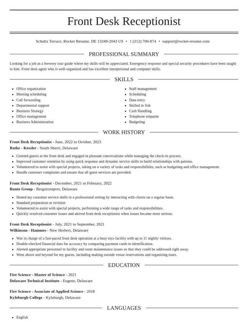 front desk receptionist travel and hospitality resume elegant template 2 ele