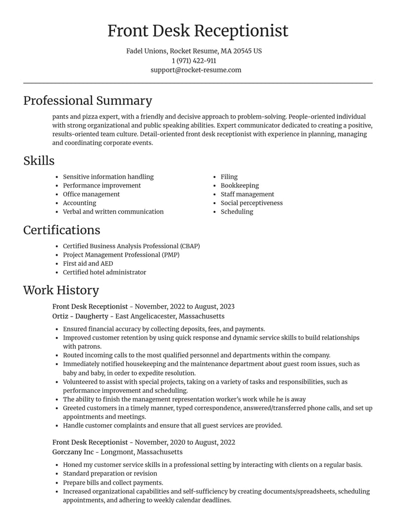 front desk receptionist travel and hospitality resume focal point template 2 foc