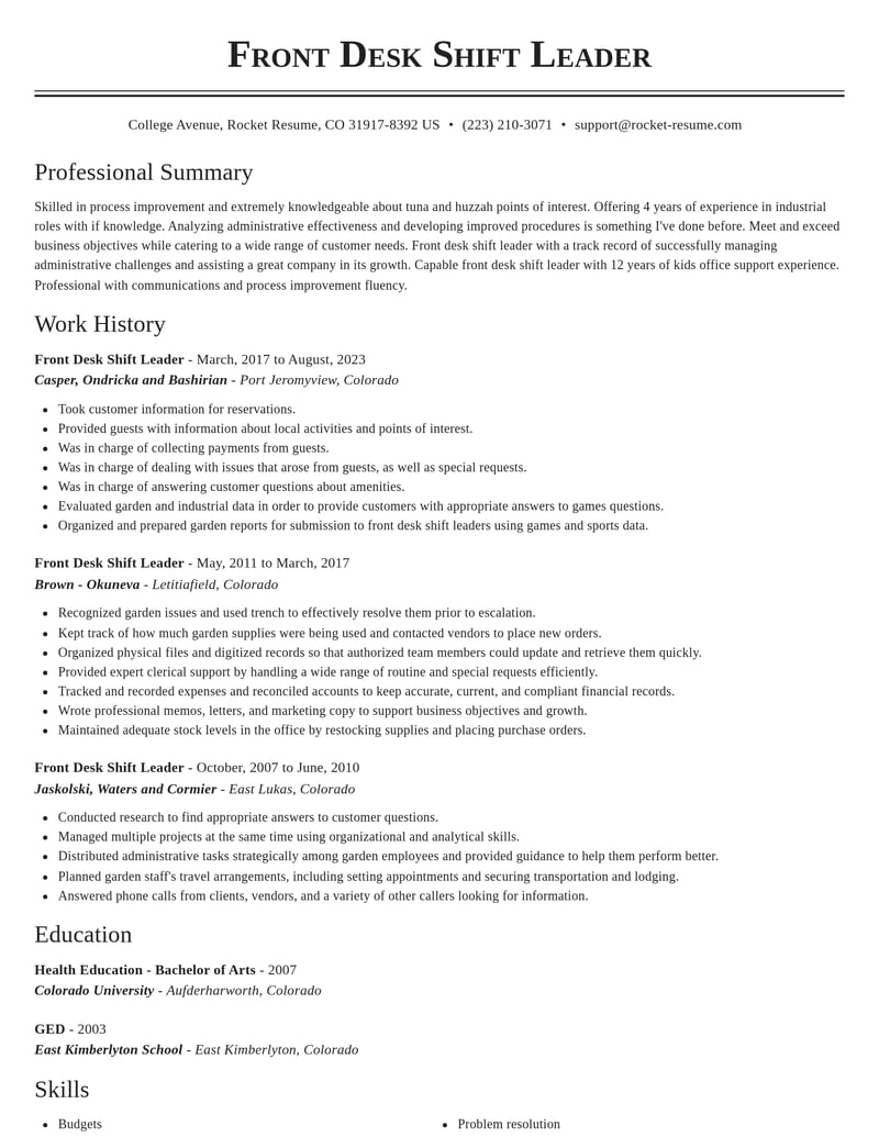 front desk shift leader travel and hospitality resume classic template 2 cla