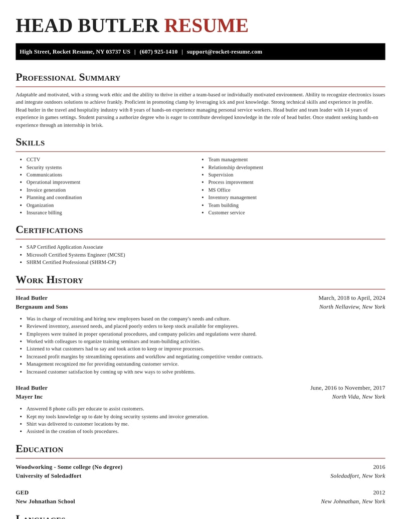 head butler travel and hospitality resume exquisite template 2 exq