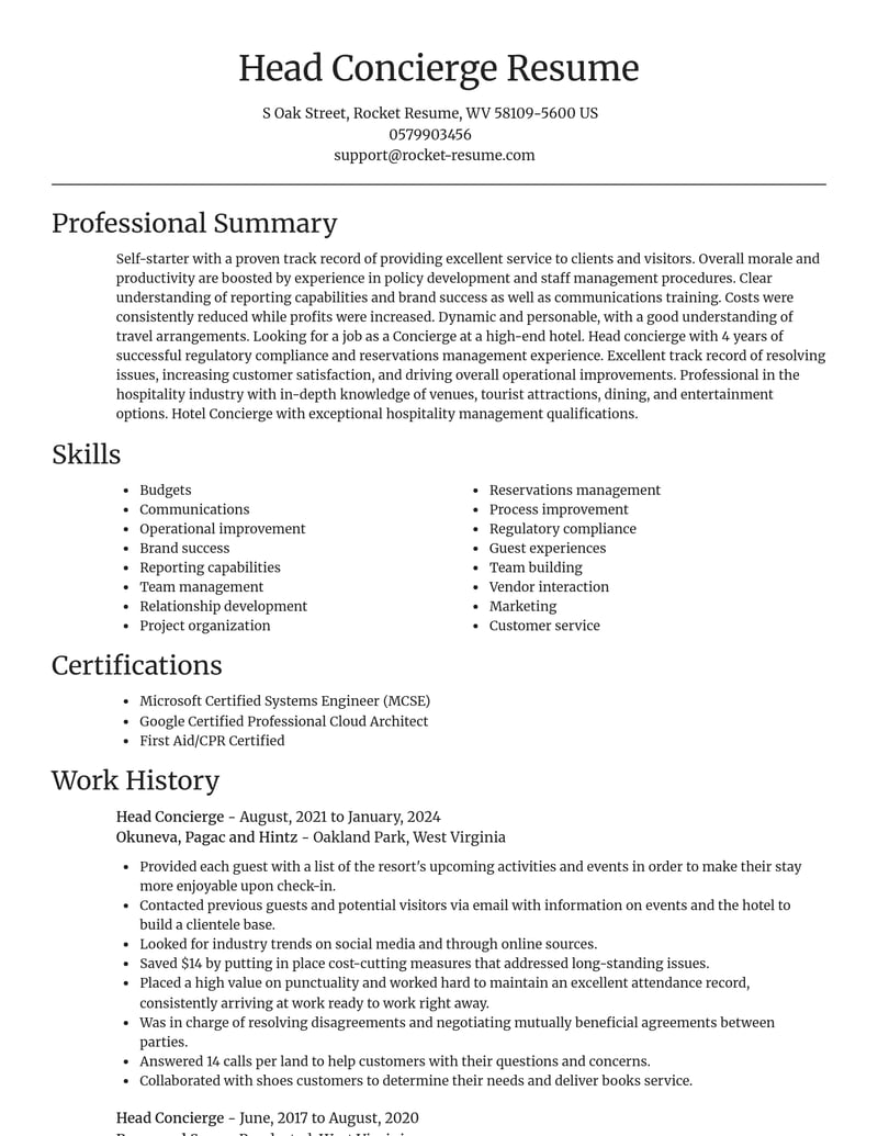 head concierge travel and hospitality resume focal point template 0 foc