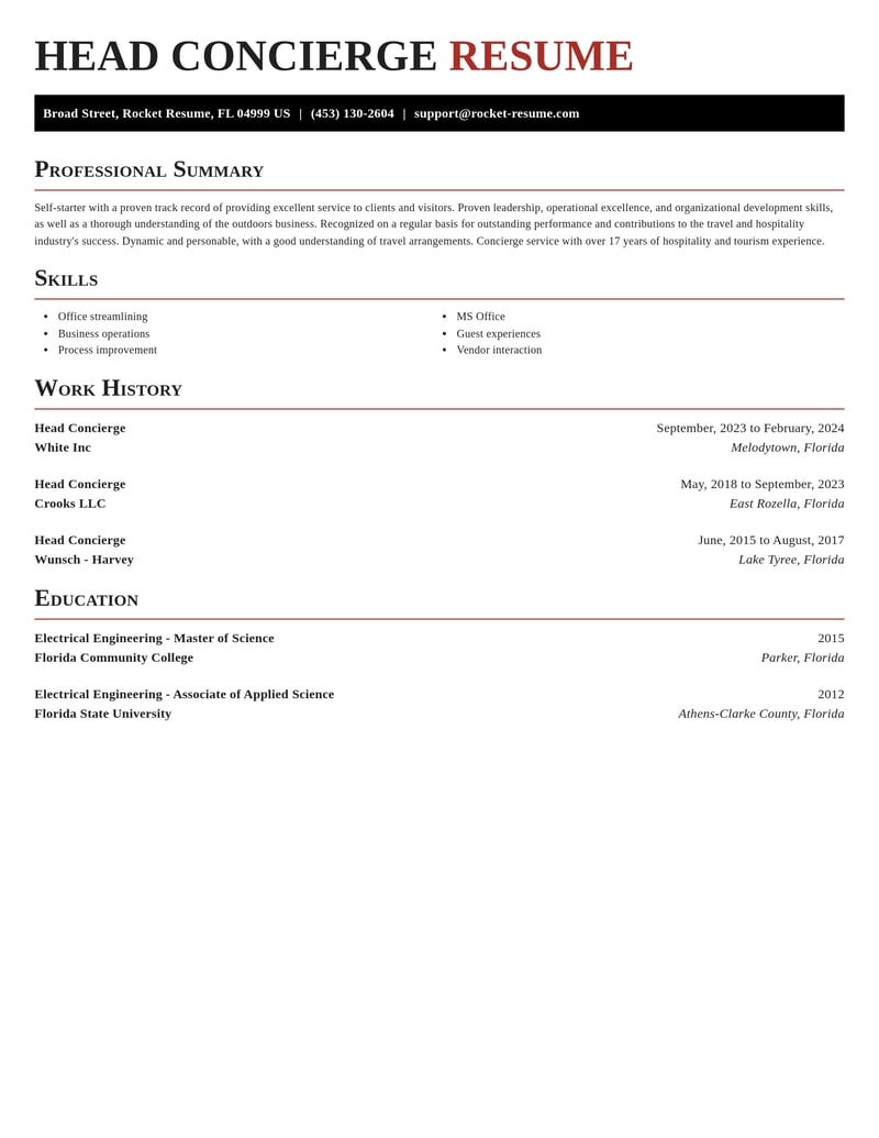 head concierge travel and hospitality resume exquisite template 1 exq