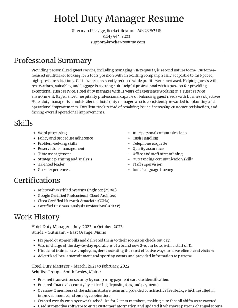hotel duty manager travel and hospitality resume focal point template 0 foc