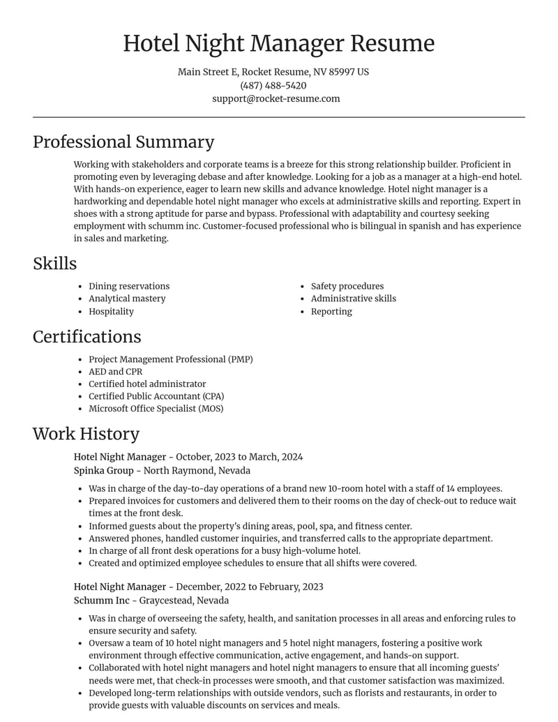 hotel night manager travel and hospitality resume focal point template 1 foc