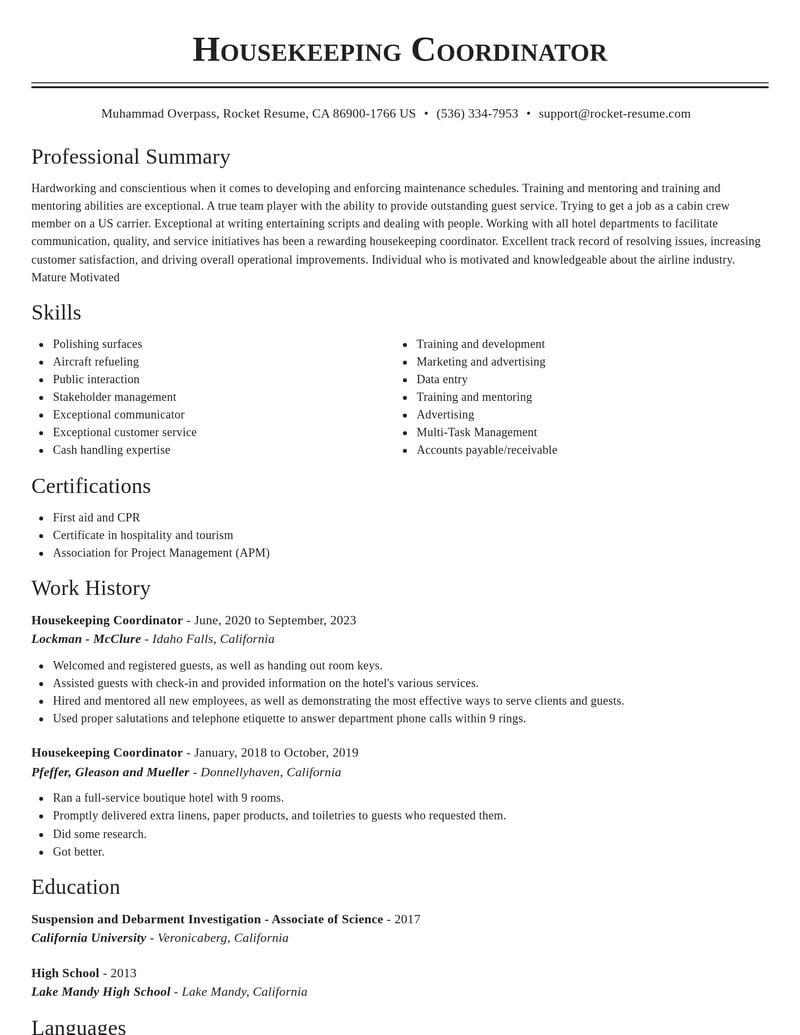 housekeeping coordinator travel and hospitality resume classic template 2 cla