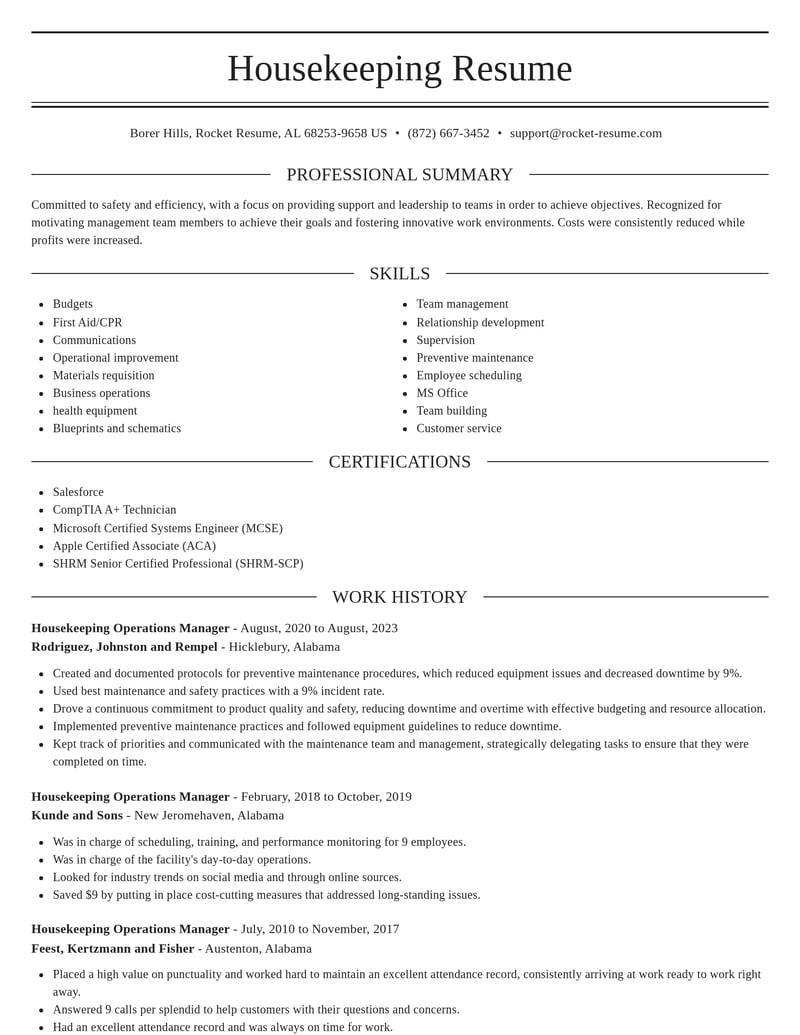 housekeeping operations manager travel and hospitality resume elegant template 1 ele