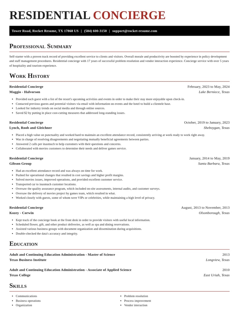 residential concierge travel and hospitality resume exquisite template 2 exq