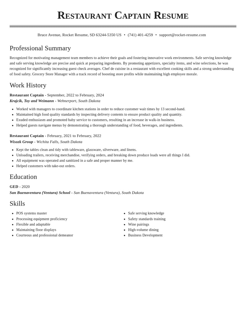 restaurant captain travel and hospitality resume classic template 0 cla
