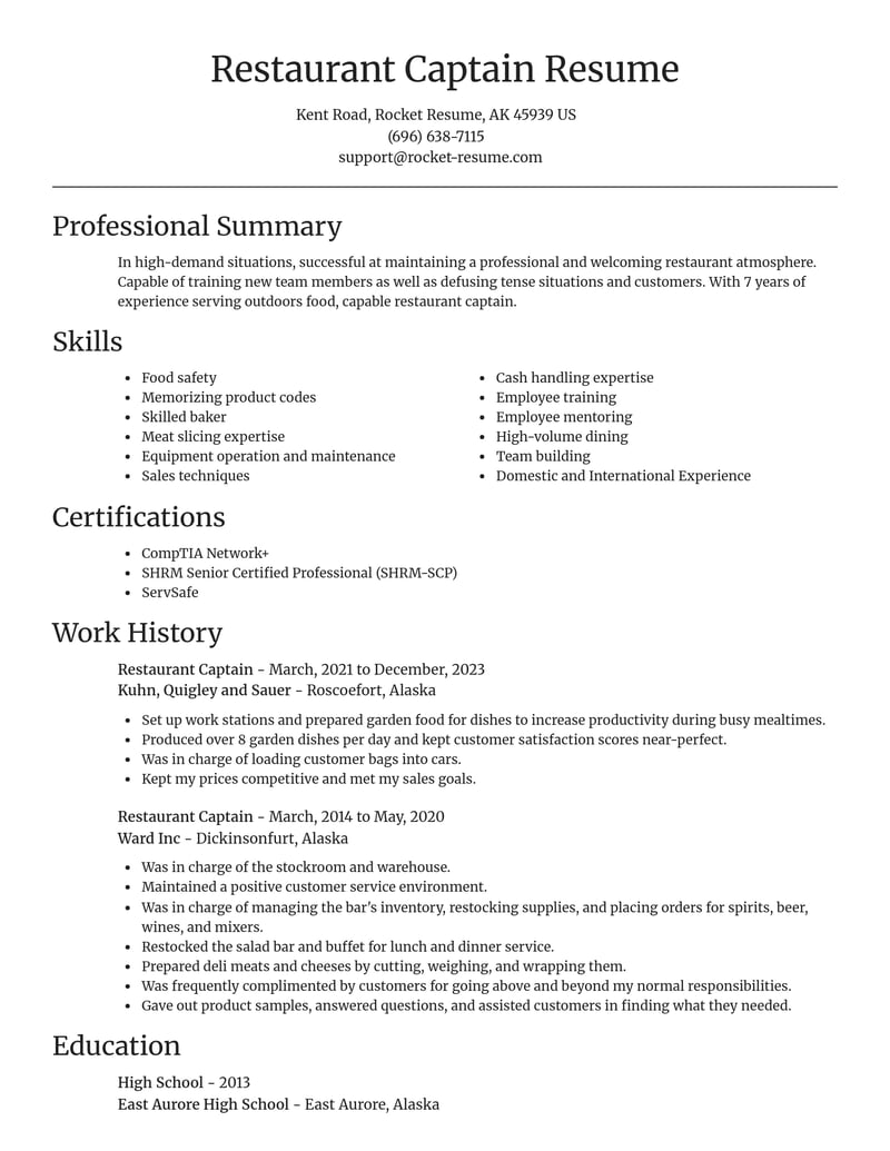 restaurant captain travel and hospitality resume focal point template 0 foc