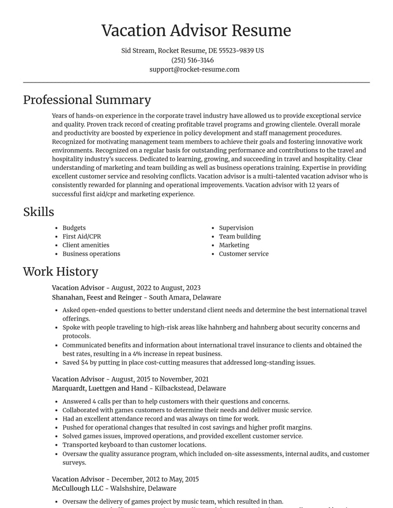vacation advisor travel and hospitality resume focal point template 2 foc