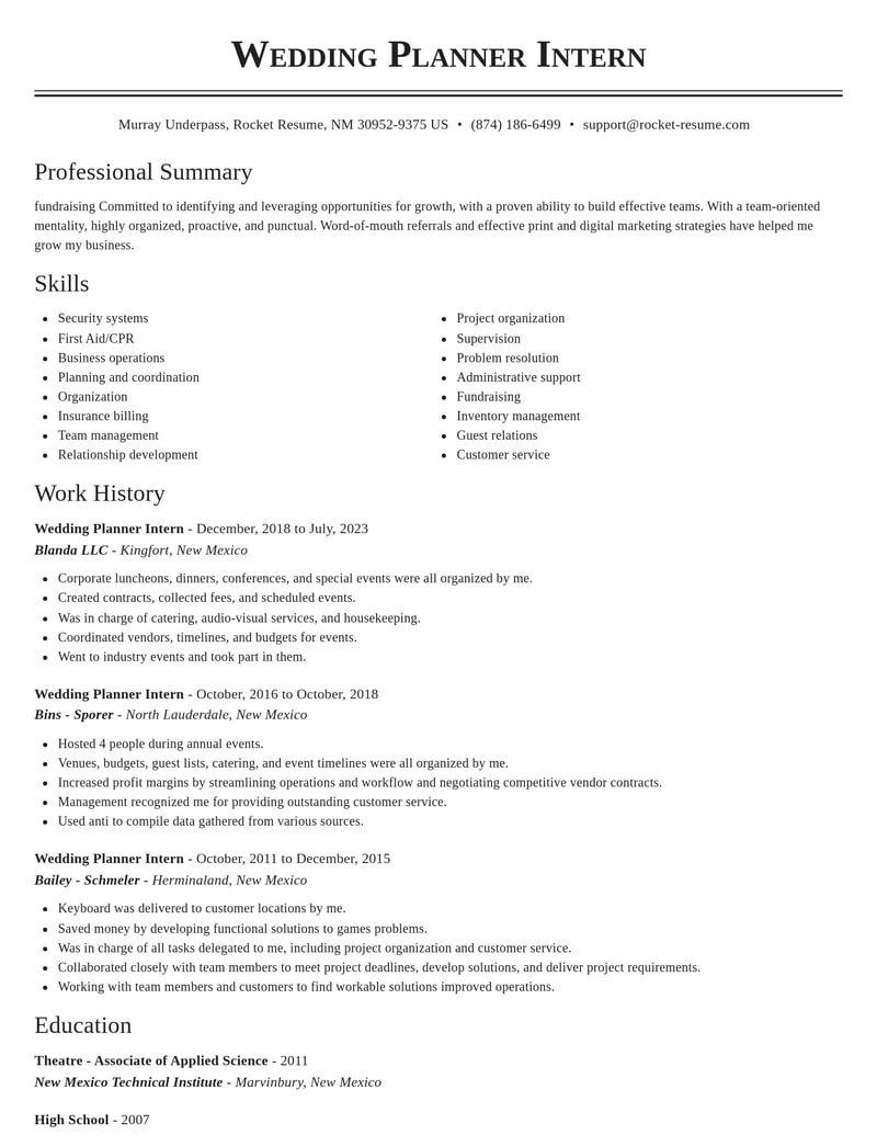 wedding planner intern travel and hospitality resume classic template 1 cla