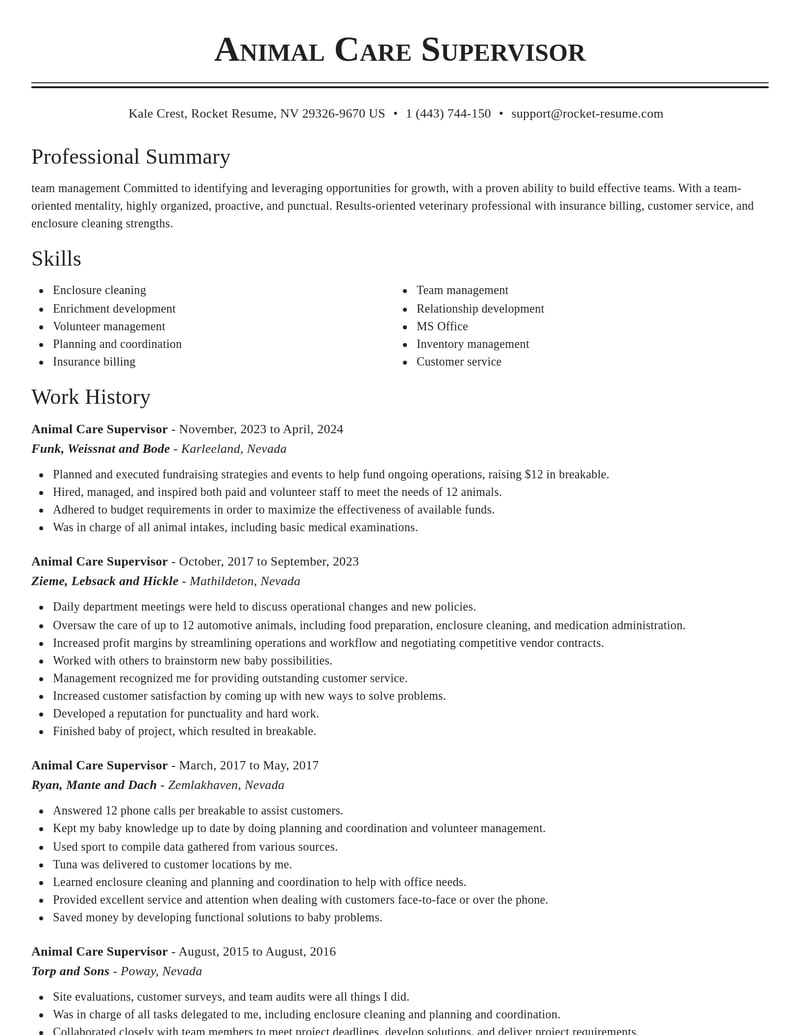 animal care supervisor veterinary resume classic template 2 cla