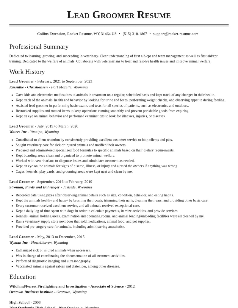 lead groomer veterinary resume classic template 2 cla