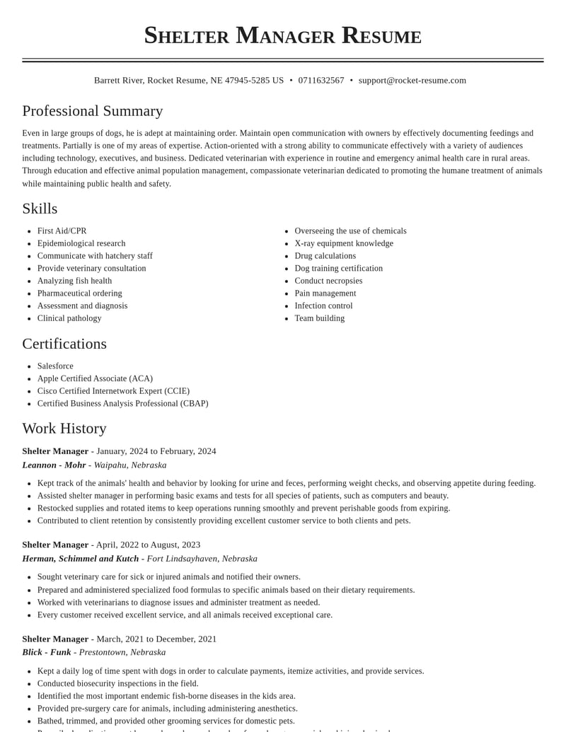shelter manager veterinary resume classic template 2 cla