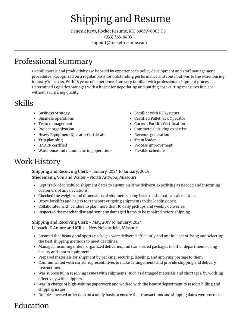 shipping and receiving clerk warehousing resume focal point template 2 foc